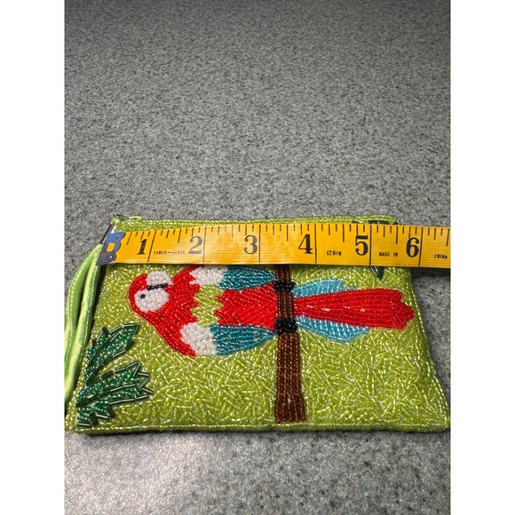 Vintage Style Hand Beaded Parrot Wristlet Pouch Lime Green Tropical Macaw Bag - Picture 5 of 6